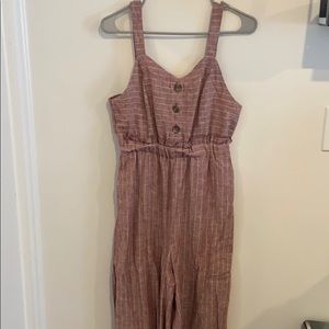 maroon and white striped jumpsuit
